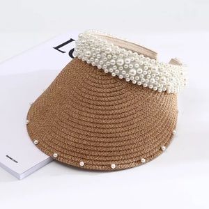 Boutique Tan Straw Sun Visor Beach Pearls Hat